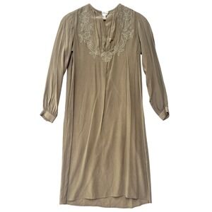 Vtg SAINT ROMEI Olive Brown 100% Pure Silk‎ Dress Women Sz 8 Kaftan Long Sleeve